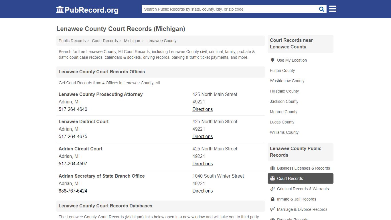 Free Lenawee County Court Records (Michigan Court Records) - PubRecord.org